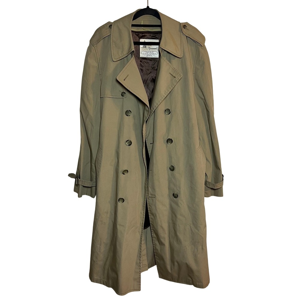Vintage London Fog Double Breast Trench Coat Beige Belted Tan Sz 42 Fleece Lined